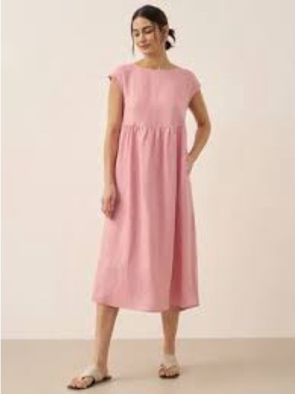 100% Linen Relaxed Cap-Sleeve Midi Dress in Dusty Pink